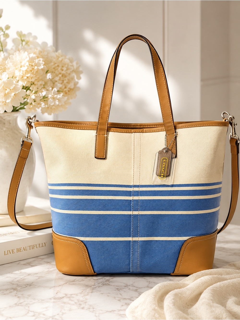 Coach Blue, Cream & Tan Canvas Stripe Tote